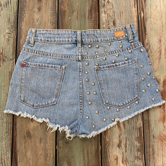 BDG High Rise Cheeky Cutoffs Denim Shorts Distressed With Silver Studs Sz 8 (29) - Picture 3 of 11
